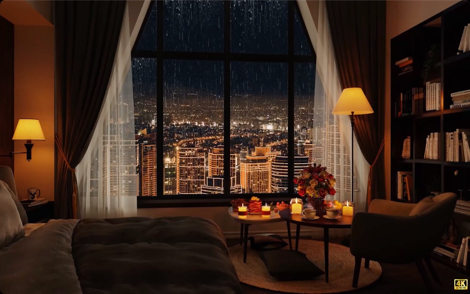 白噪音2小时舒适催眠雨声白噪音雨天繁华城市夜景下的书房失眠人的