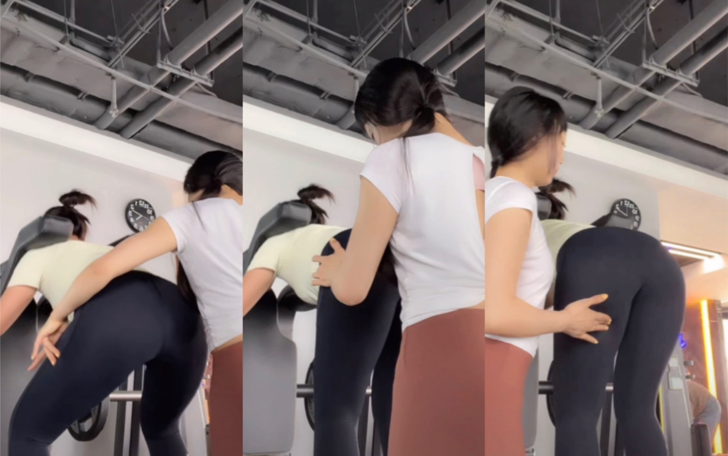 健身女教练辅助学员哈克深蹲训练