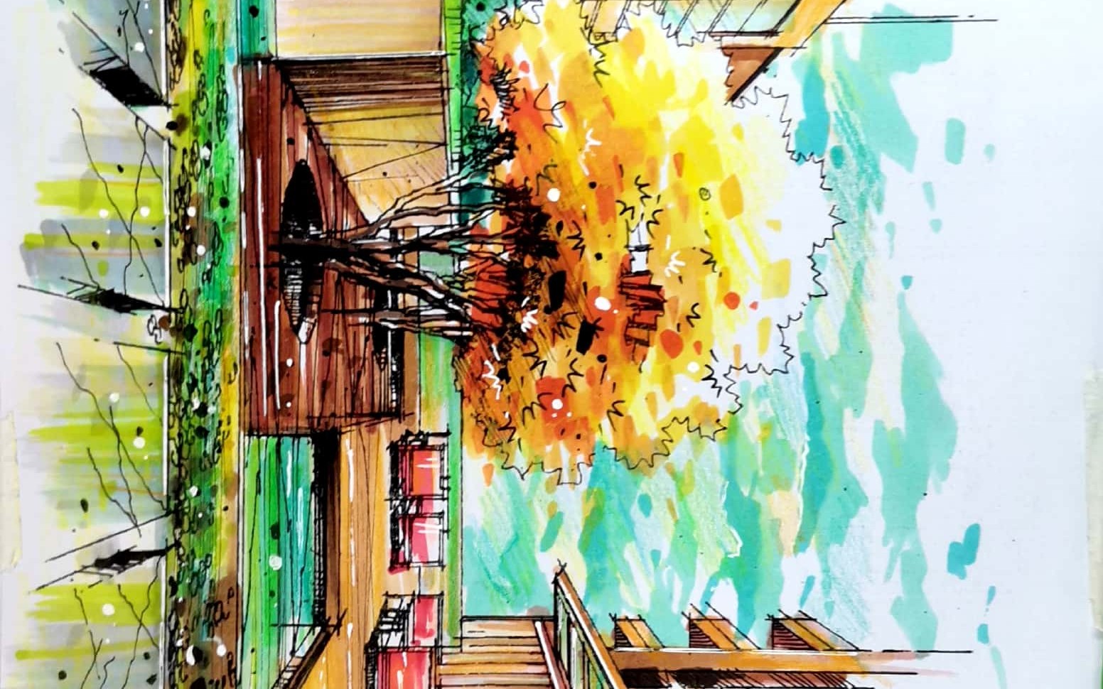 公园一角马克笔手绘上色教程