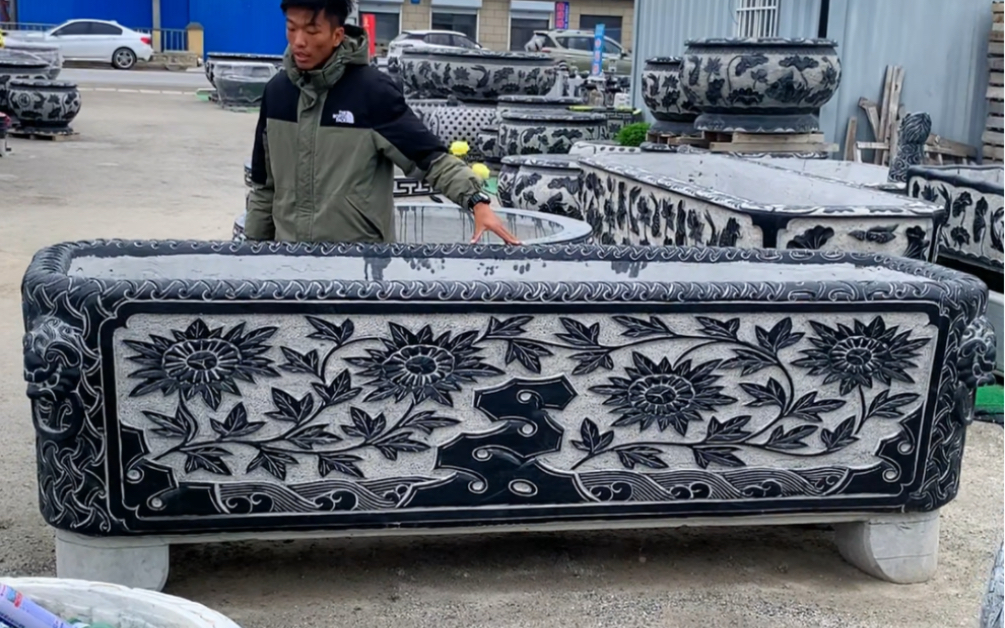 长方形青石石雕鱼缸石材石缸荷花石缸