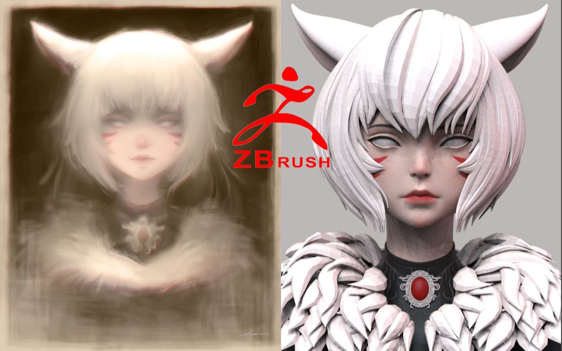 zbrush从球开始雕刻ff14角色雅喵脸部造型头发雕刻模型颜色