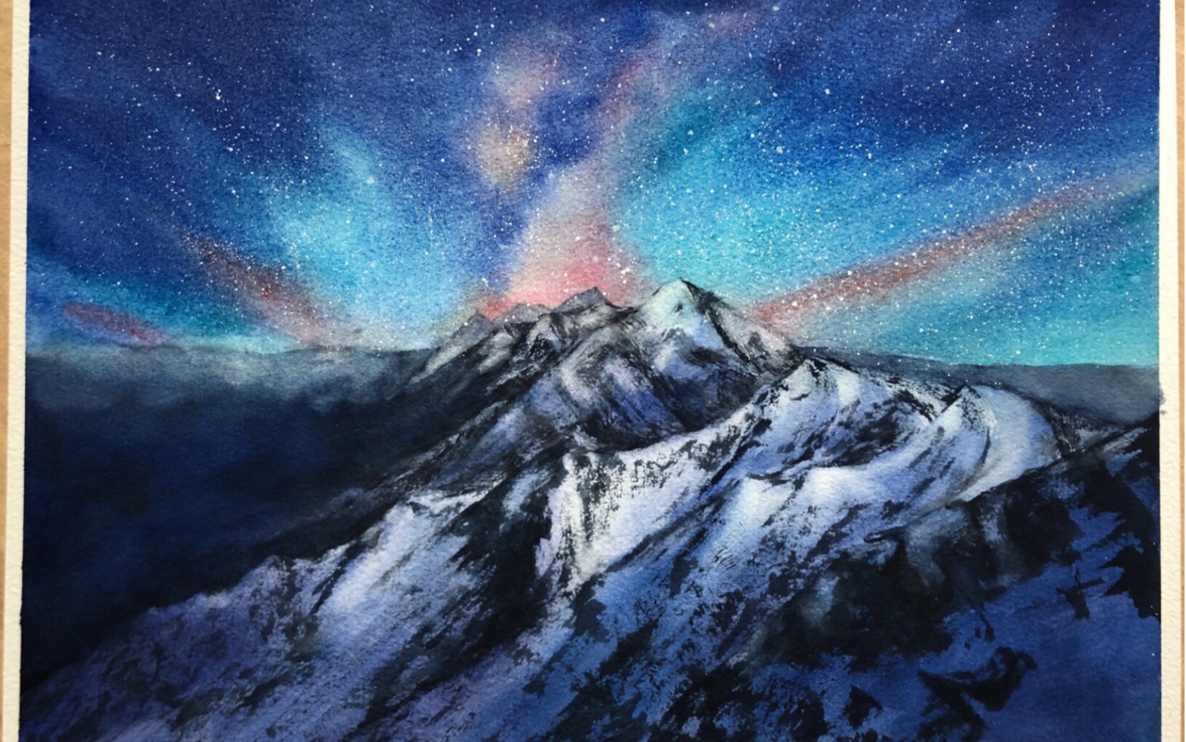 水彩雪山星空