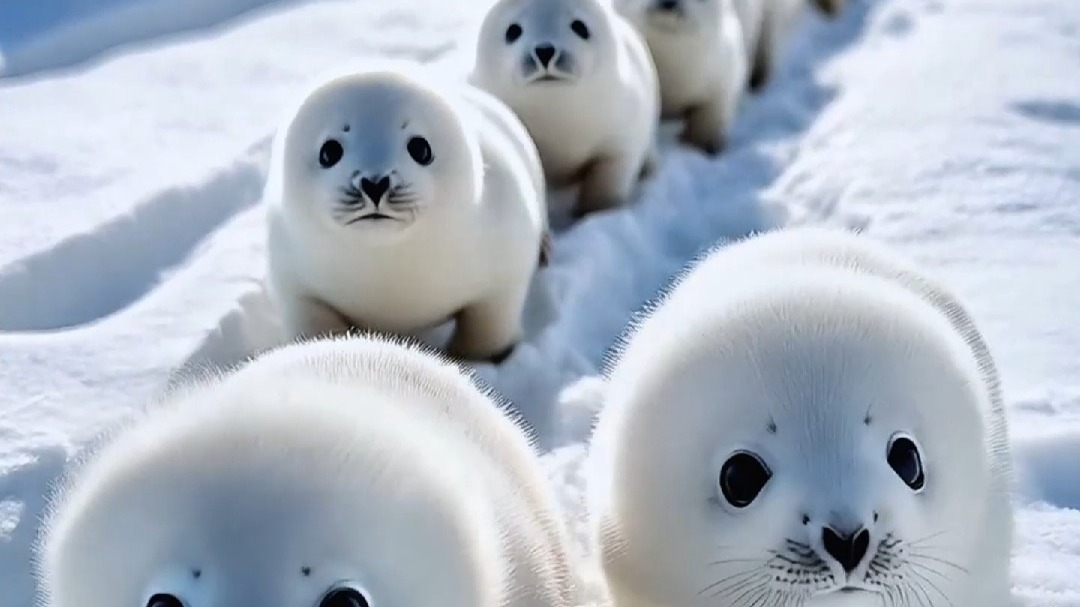 小海豹在北极的雪地中散步