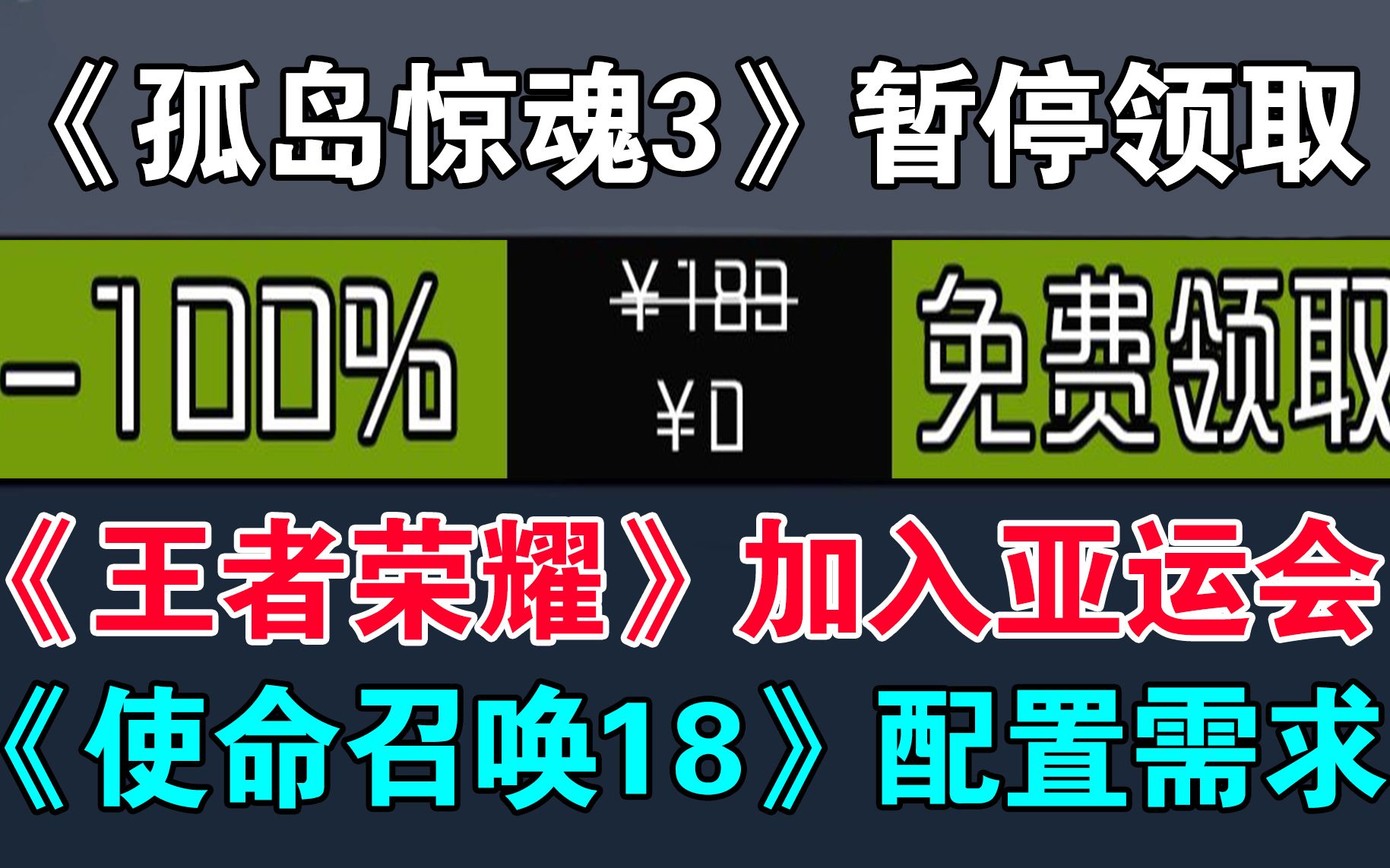 【Steam游戏资讯】《孤岛惊魂3》暂停免费领取!《使命召唤18》PC配置需求公布!《王者荣耀》加入亚运会!《孤岛惊魂6》大小公布!《泰坦陨落2》...