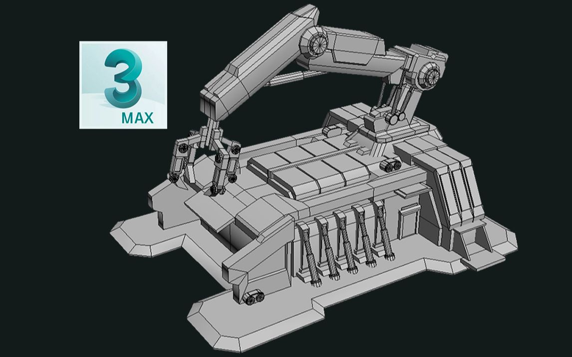 3dmax建模教程,红警机械臂场景模型制作教学,硬表面结构布线技巧