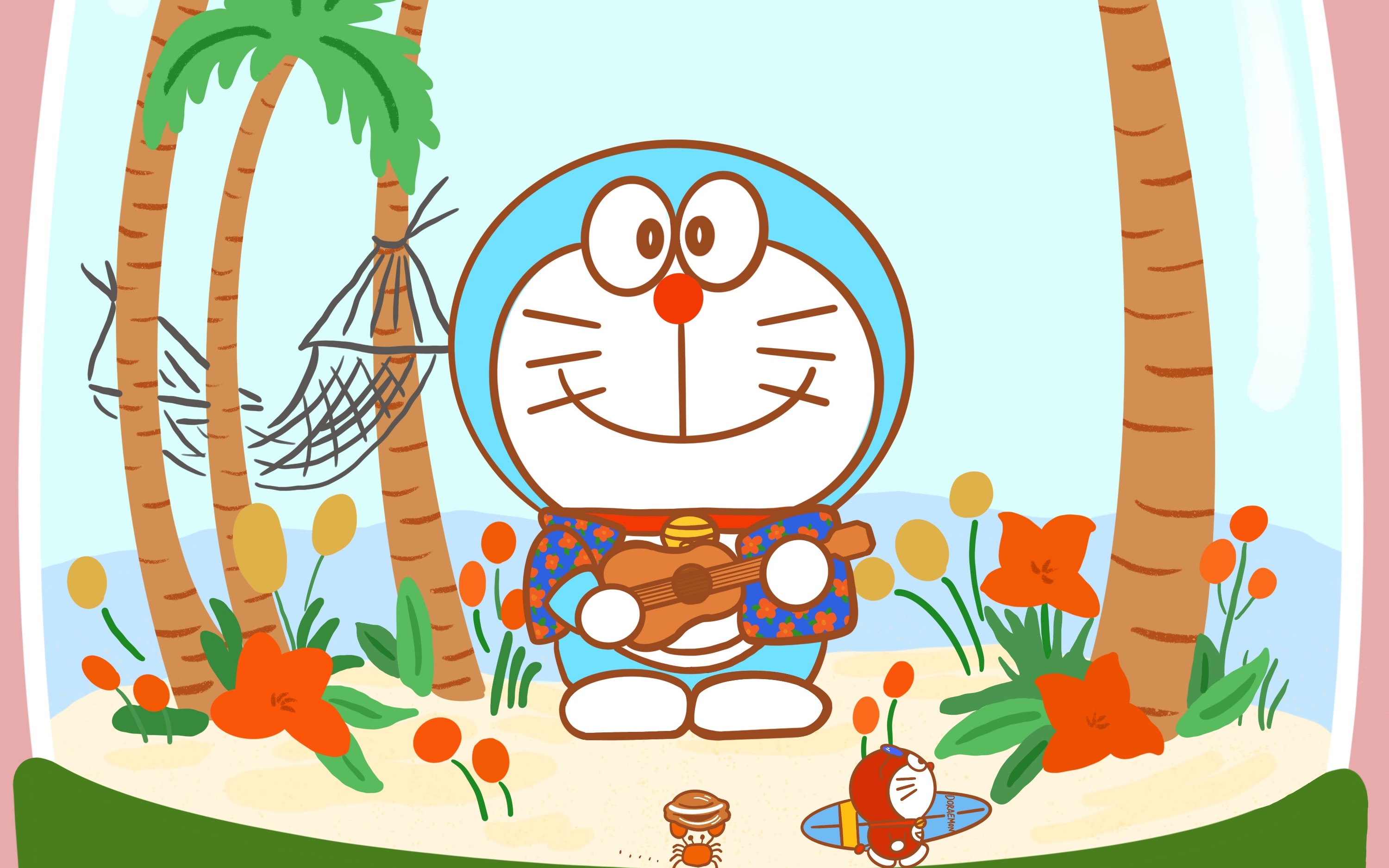 哆啦a梦海边度假手绘