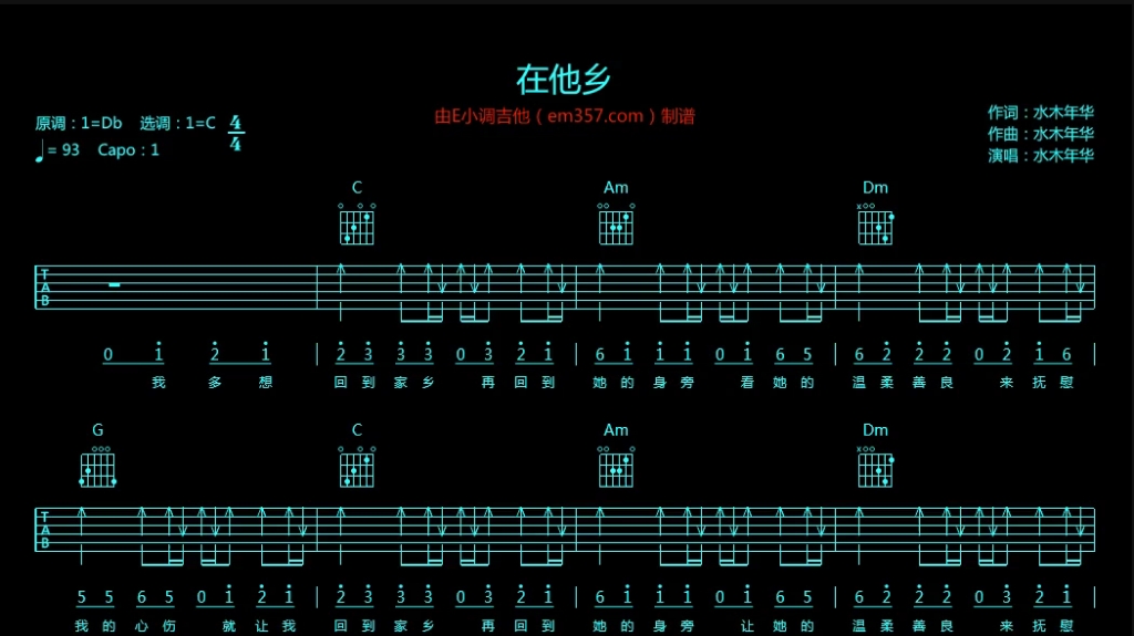 水木年华经典民谣《在他乡》吉他走谱哔哩哔哩bilibili