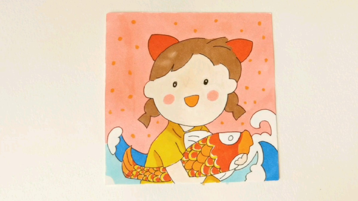 画一个简单的小女孩抱鱼图,简单可爱!