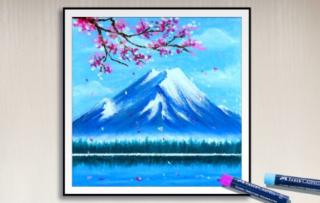 油画棒风景用油画棒画雪山、湖水和花,油画棒风景手绘过程分享哔哩哔哩bilibili