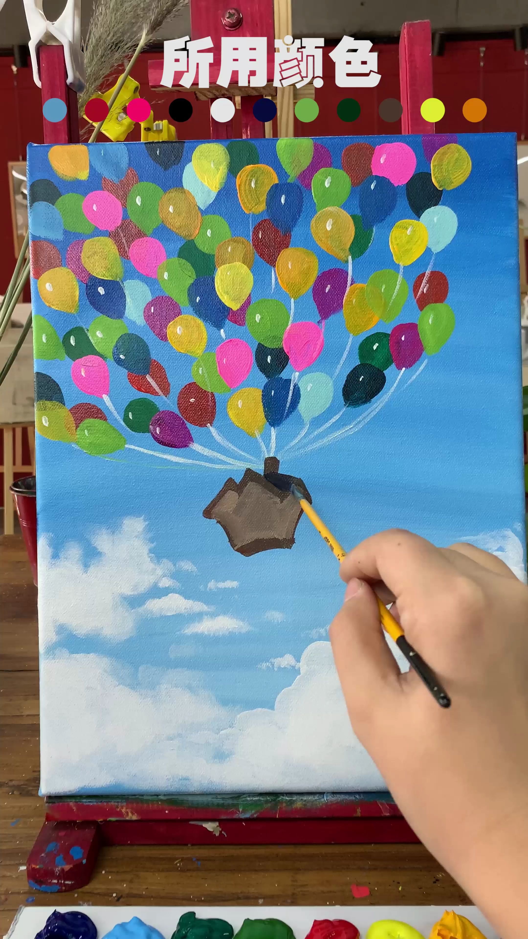 【油画】丙烯画蓝色系飞屋气球风景示范教程_哔哩哔哩 (゜-゜)つロ