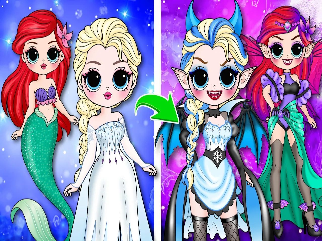 纸娃娃动画:艾莎vs美人鱼公主万圣节变装,黑蓝蝙蝠风vs红绿恶魔风