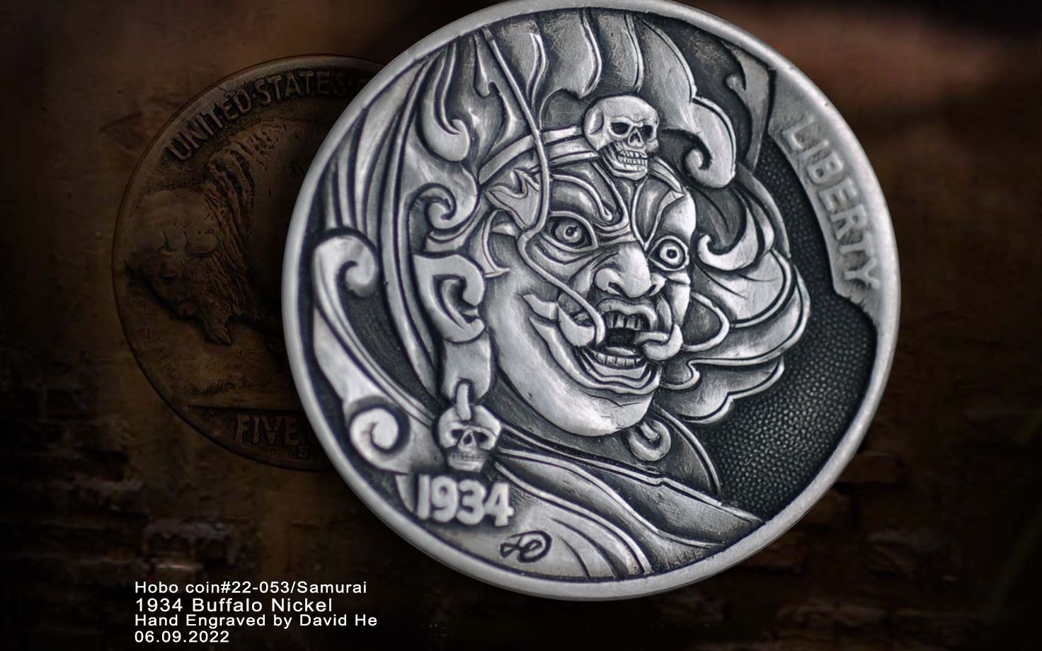 [图]手雕新作：#HN22-053 -五分水牛硬币的“武士”/1934 buffalo nickel