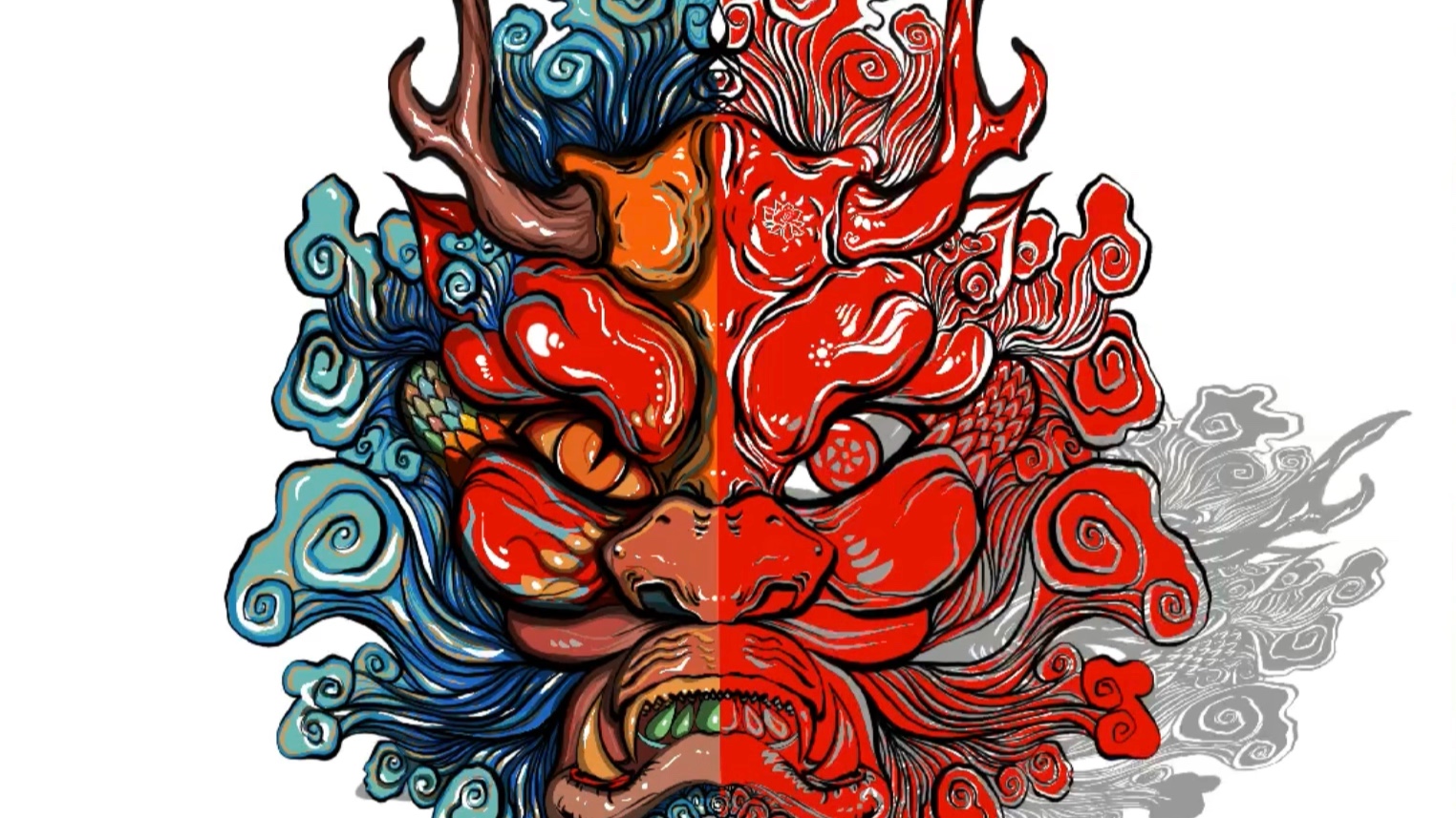 原创插画-龙首面具