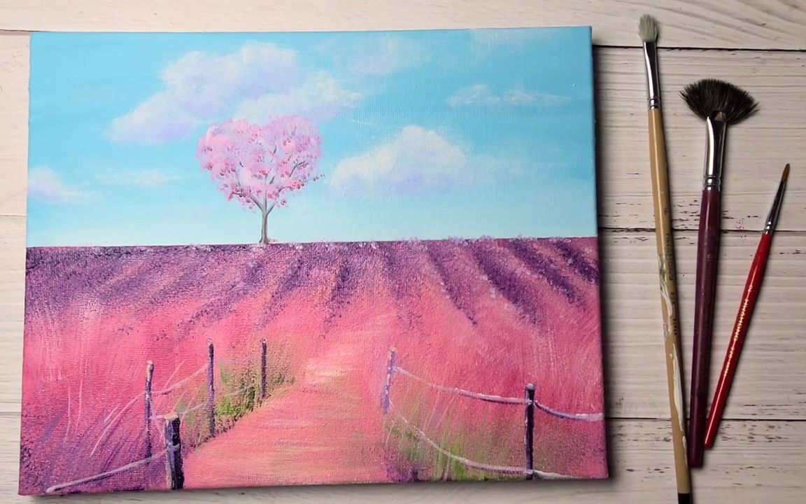 【油画】【丙烯画】 粉红色山间风景