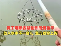 下载视频: 男子用晾衣架制作简易鱼竿，放入水中不一会儿，鱼儿纷纷上钩，网友：随机气死一个钓鱼佬