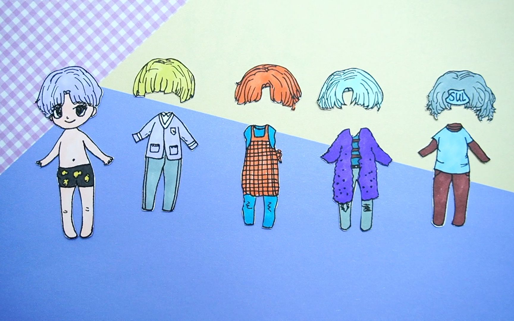 纸娃娃创意手工:制作可爱小男孩,还有四款不同风格衣服和发型