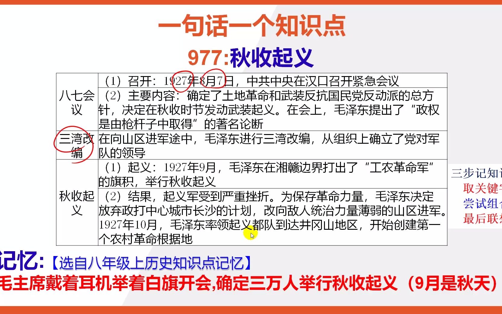 [图]八上历史：15秒巧背秋收起义