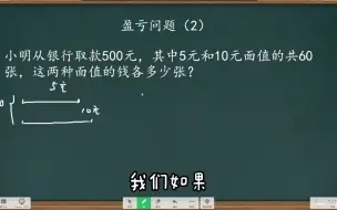 Скачать видео: 盈亏问题分析，500元里10元和5元共60张，求各多少张