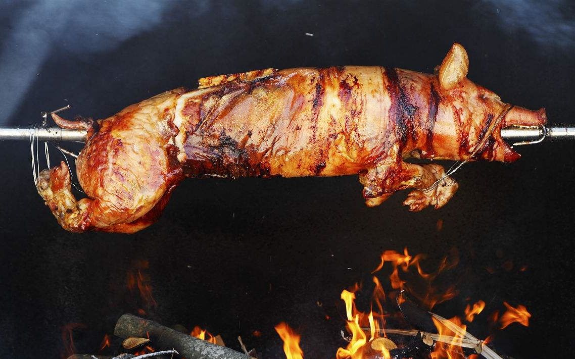 两个小伙在野外捕野猪,烤乳猪,吃得太享受了!