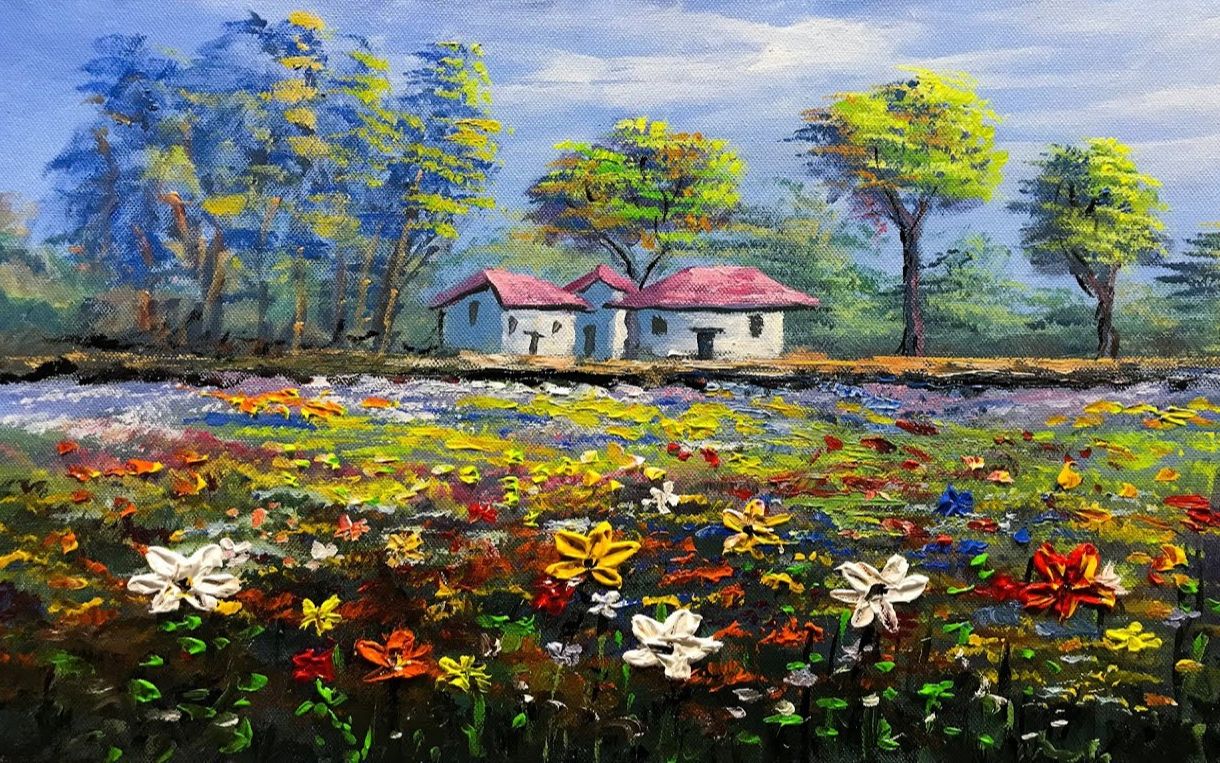 【丙烯画】【绘画教程】乡下的花田-village flower fields acrylic