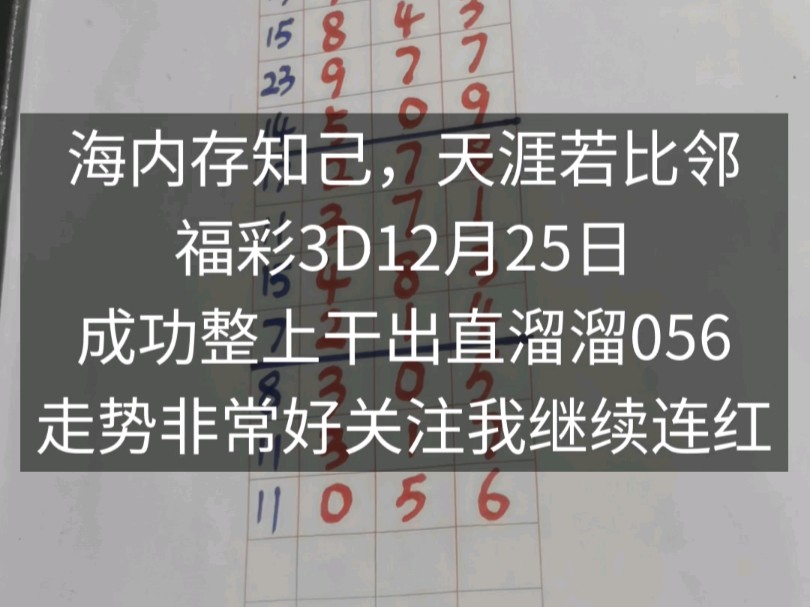 #海内存知己,天涯若比邻,福彩3D12月25日,成功整上干出直溜溜056,走势非常好关注我继续连红哔哩哔哩bilibili