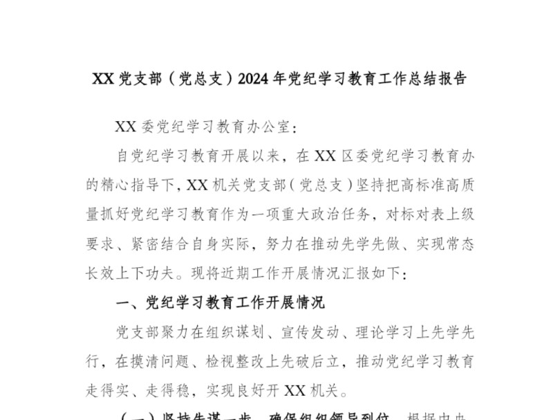 XX党支部(党总支)2024年党纪学习教育工作总结报告哔哩哔哩bilibili