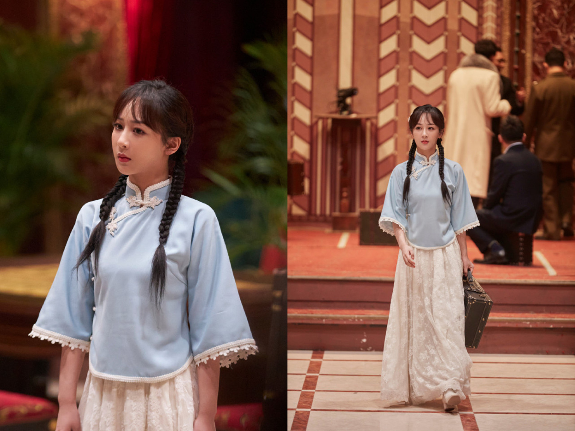 杨紫萌探民国风造型好惊艳,蓝衣粉裙搭双马尾,化身甜美大小姐