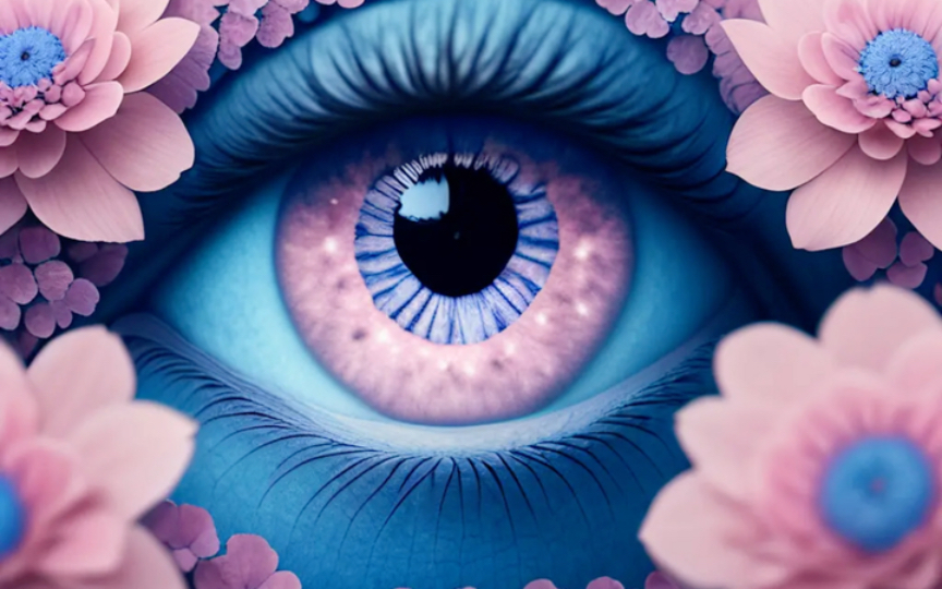 被粉色绣球花无尽夏包围着的粉色发光水晶眼睛,巨大的眼睛,被粉色绣球