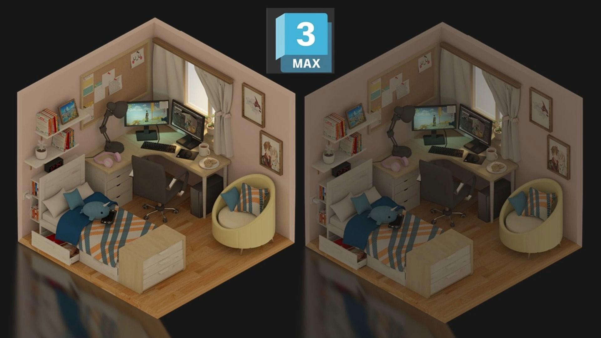 【3dmax场景建模】卡通电脑房卧室场景,适合初学者学习的简单案例