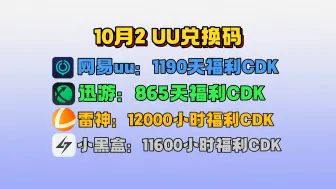 10月2号UU加速器免费1190天兑换码！雷神12000小时兑换码！迅游865天！奇游/NN等兑换口令！周卡/月卡/天卡 兑换码！人手一份！先到先得！