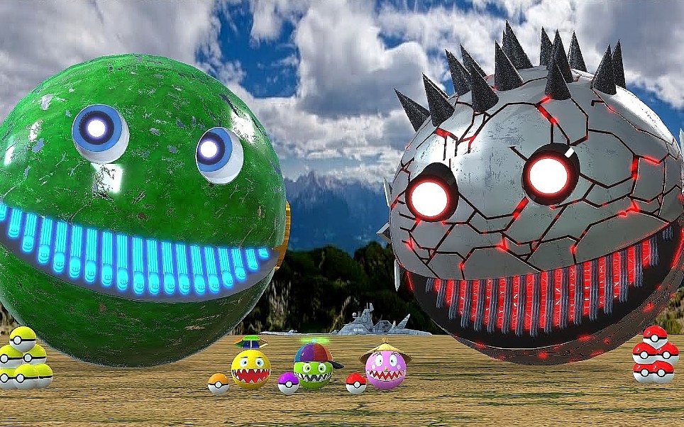 吃豆人3d动画吃豆人在气球区使用口袋妖怪和机器人之间的战斗