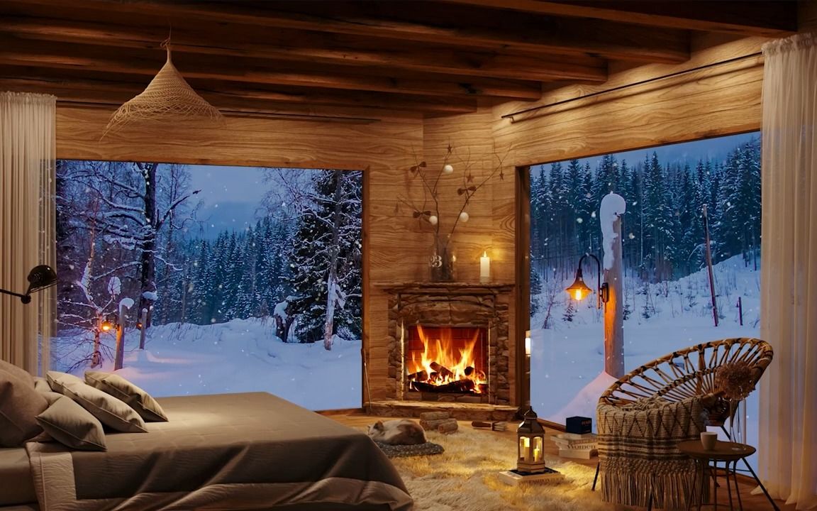 森林里的舒适卧室丨大窗户可以看见外面美丽的雪景&温暖的壁炉(有窗帘