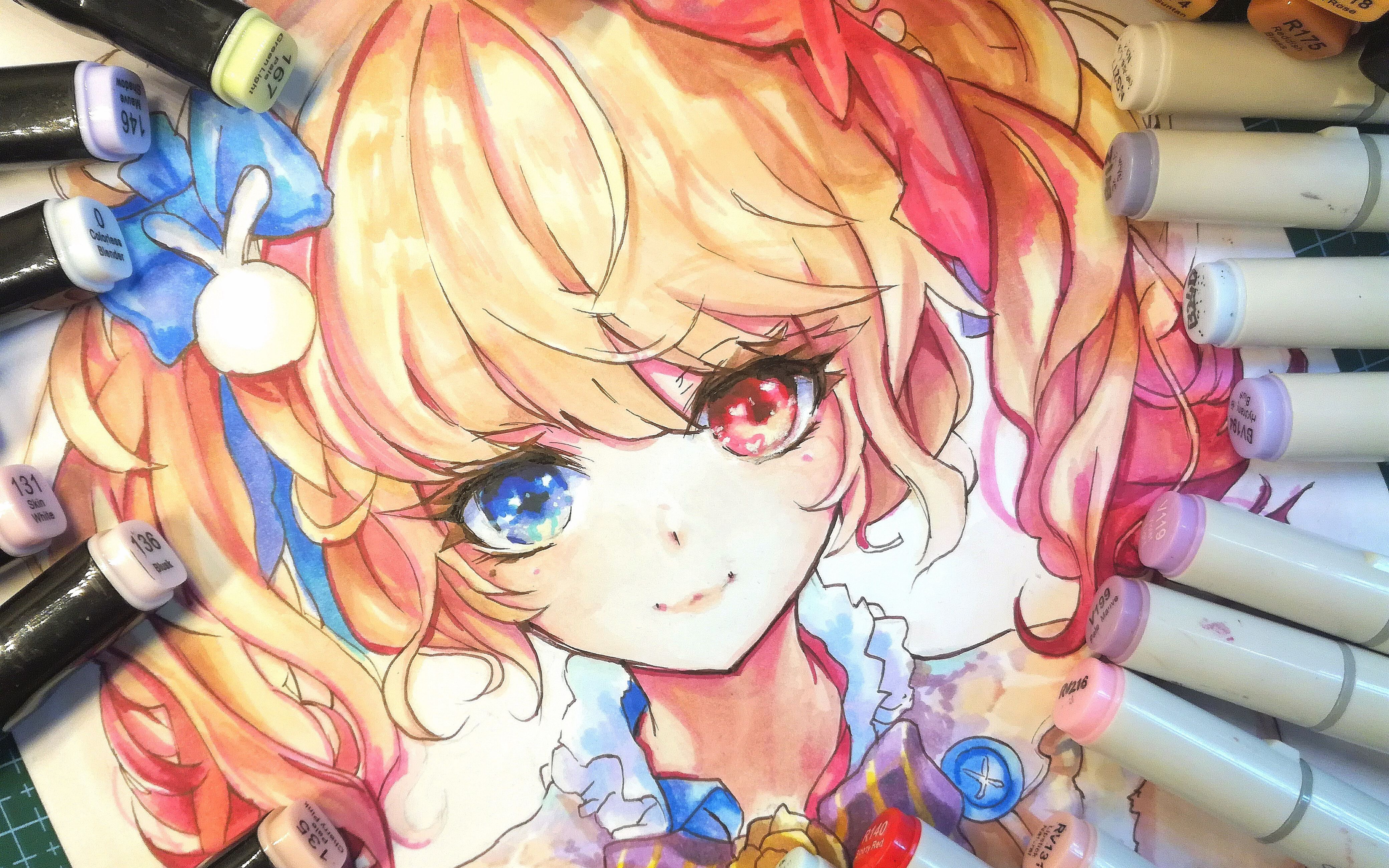 初投绘画过程马克笔临摹一只异瞳小姐姐φω78魔改