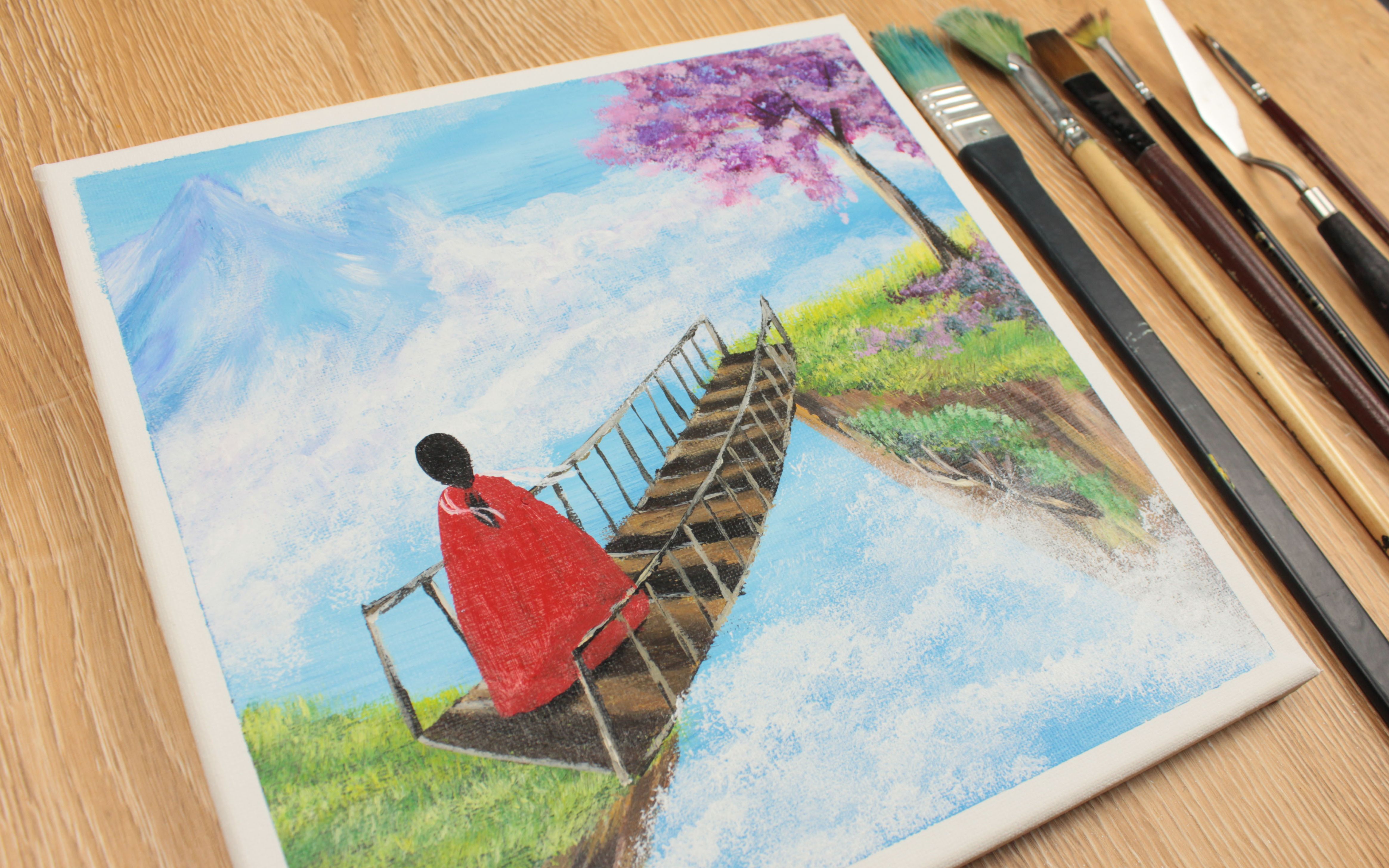 创意丙烯画喵呜绘画日志25望山古风红衣女子