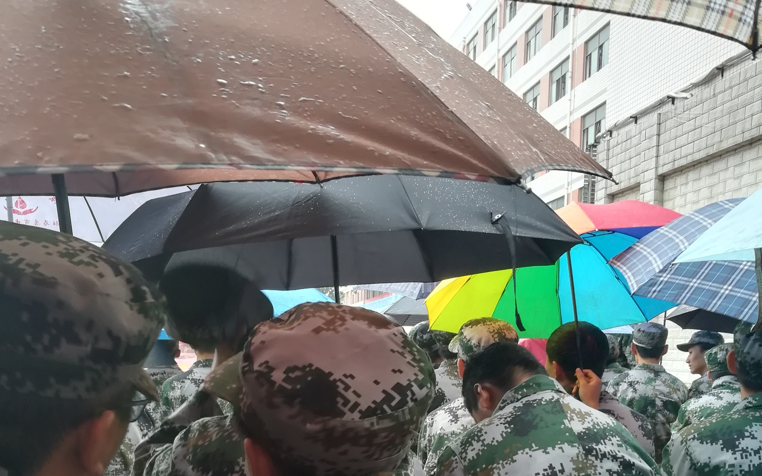 河南某校军训下雨 校区领导令其拿伞搬凳子唱校歌