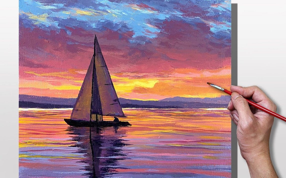 【丙烯画】【绘画教程】【中字】夕阳下的帆船Acrylic Painting Sunset Sailing  Correa Art哔哩哔哩bilibili