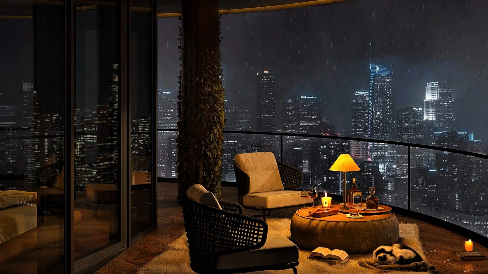 雨夜的高楼阳台,独自一人欣赏着城市的夜景,听着