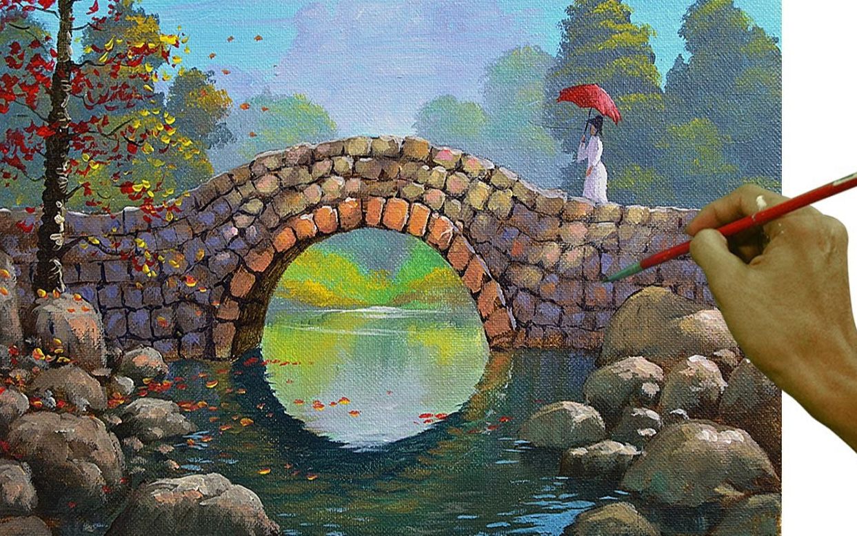 丙烯画绘画教程桥上的姑娘acryliclandscapepaintingladyinthebridge