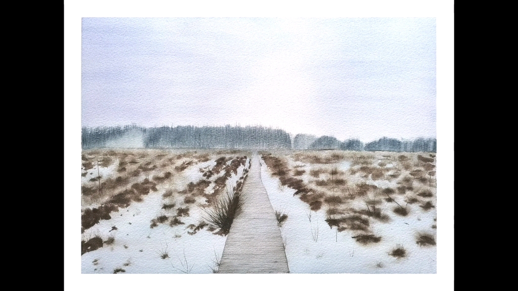 水彩画:雪天里的土地
