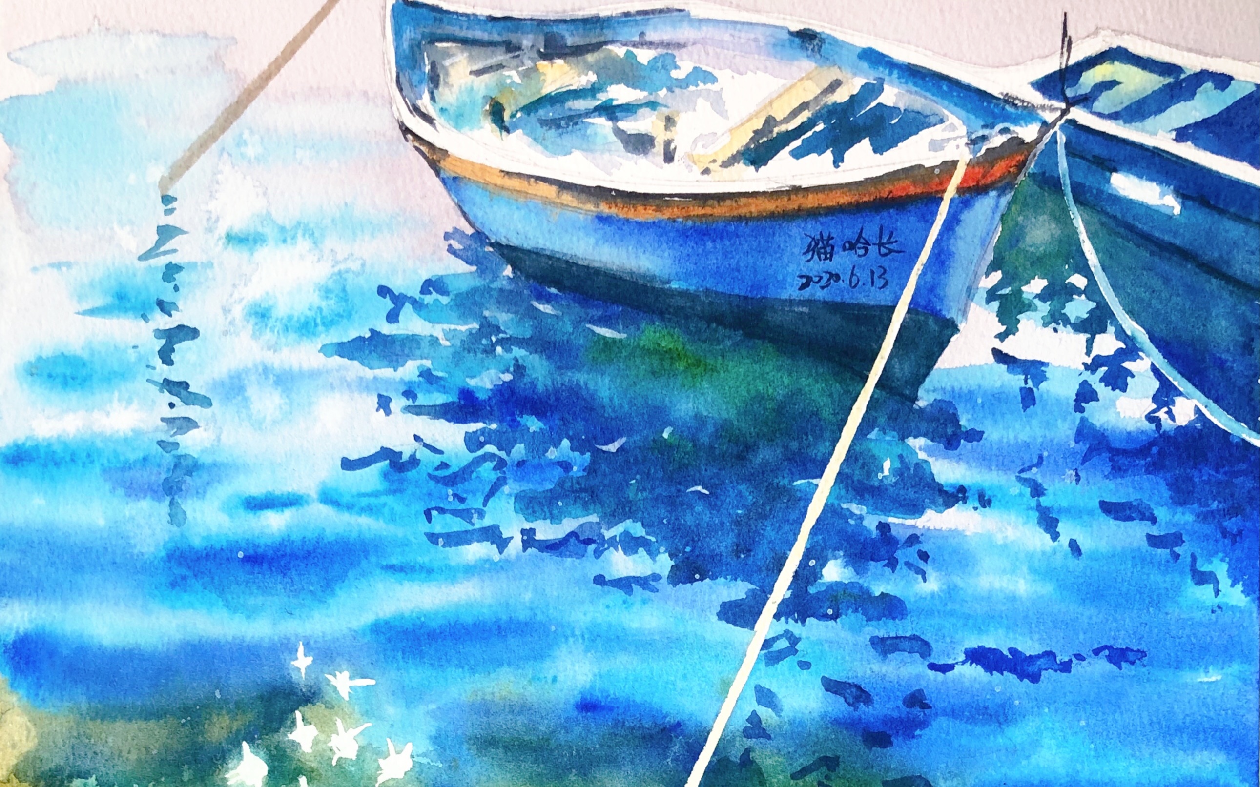 【猫哈长水彩】水彩风景画船系列2,水波纹下隐隐约约的石头太美了