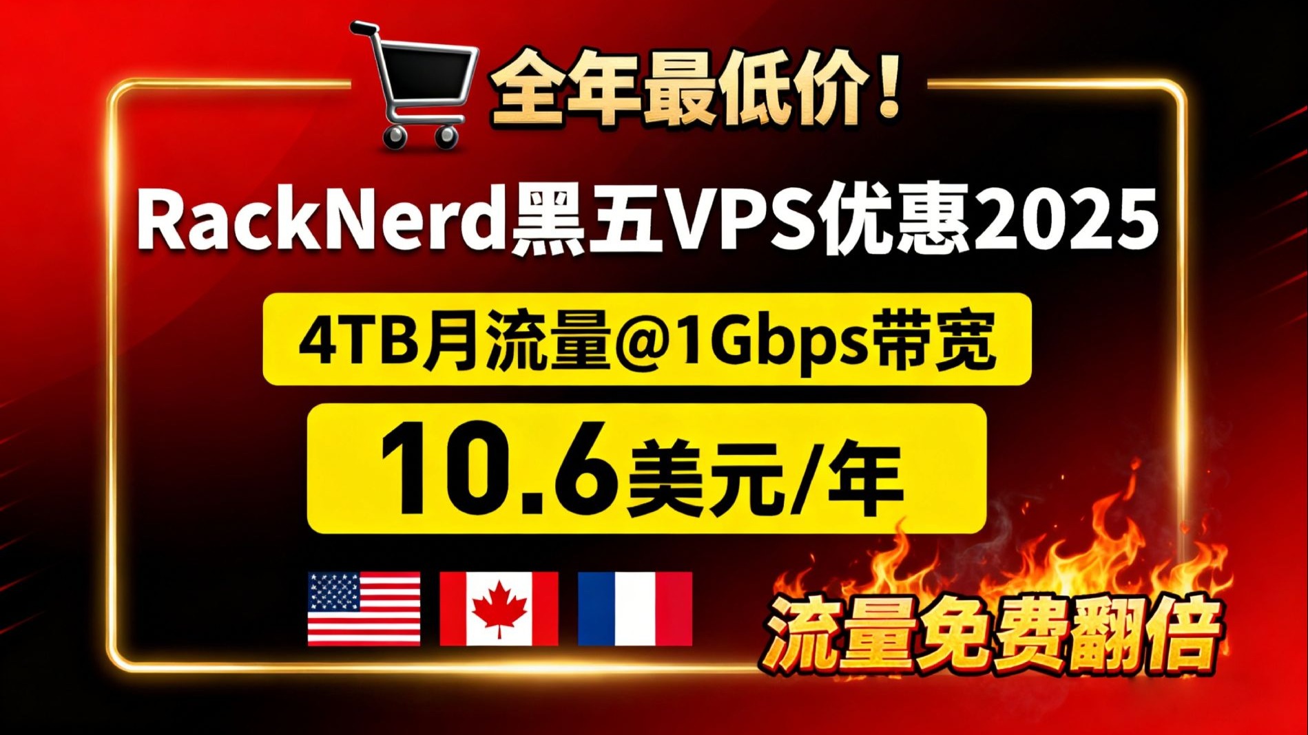 全年最低价!RackNerd黑五VPS优惠2025|4TB月流量@1Gbps带宽,美国加拿大法国VPS仅10.6美元/年|流量免费翻倍