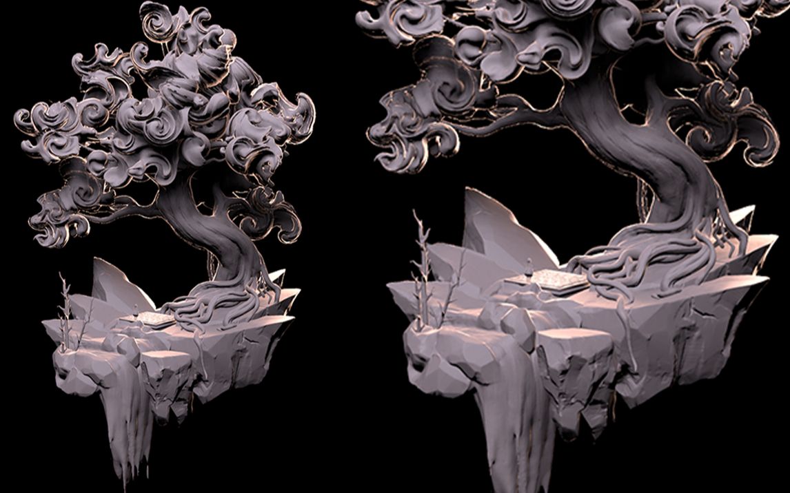 zbrush雕刻场景案例教学,树木,人物,棋盘等远景建模教程,八猴渲染教程