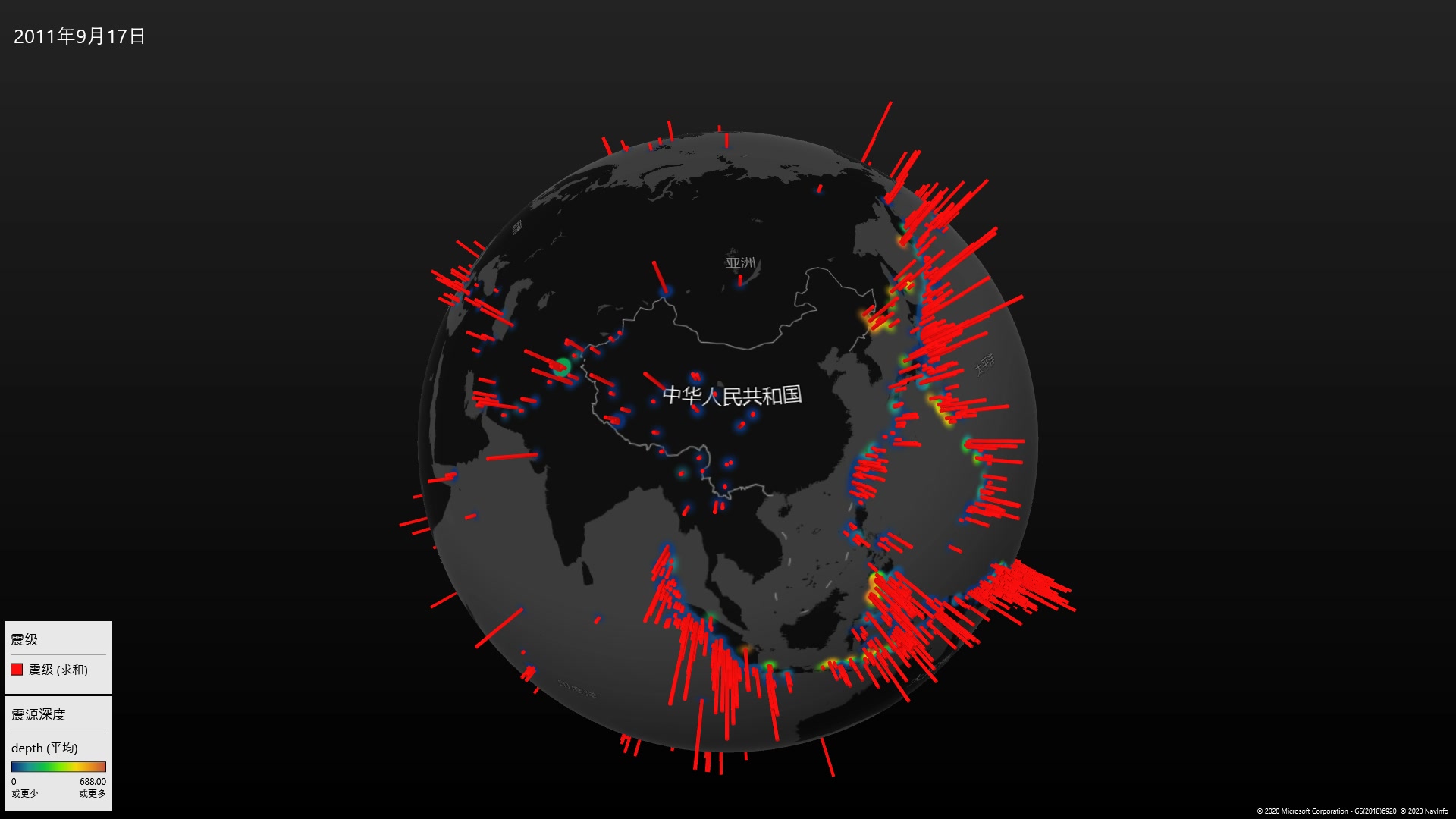 powermap数据可视化2000年以来全球六级以上地震三维可视化