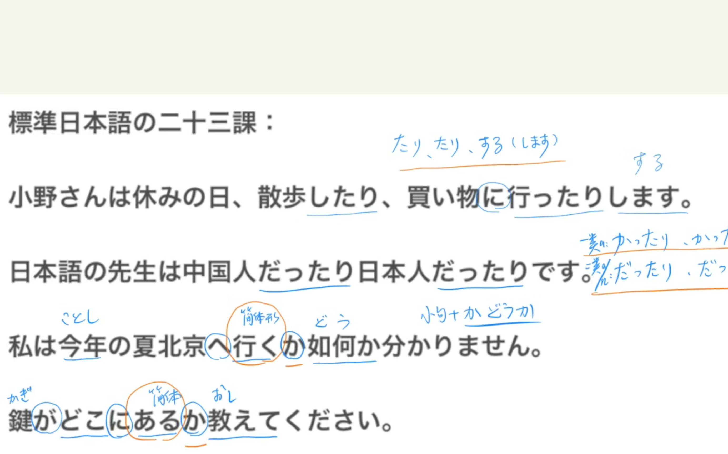 [图]標準日本語の二十三課：小野さんは休みの日、散歩したり、買い物に行ったりします。