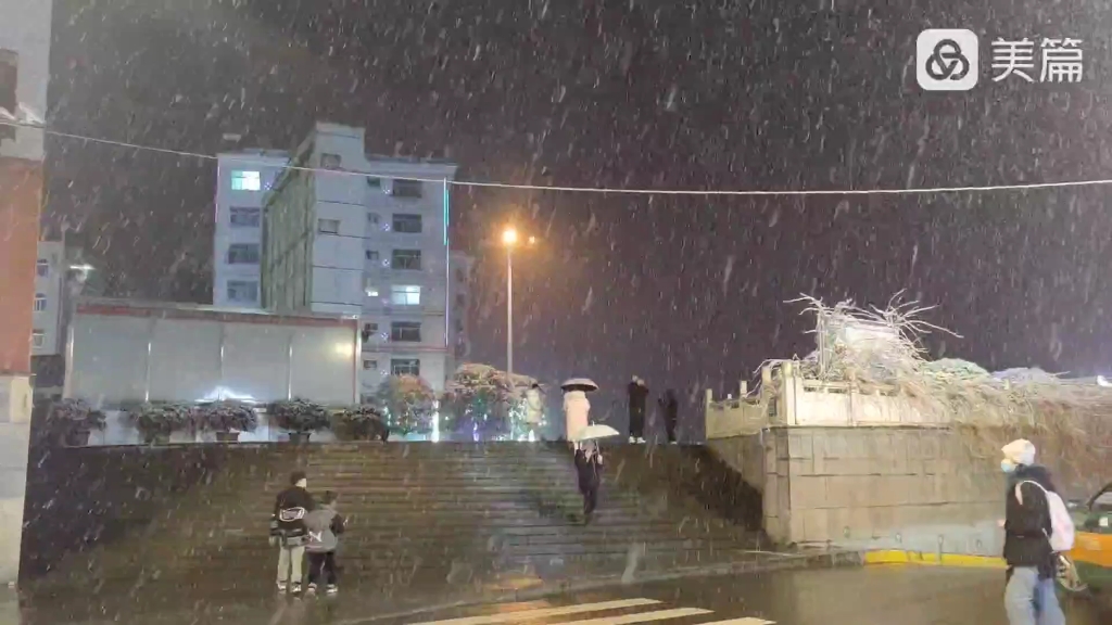 [图]好久没看到雪花飘飘荡荡了，仿佛全世界都在下雪，小城冬日的夜晚，美如仙境。