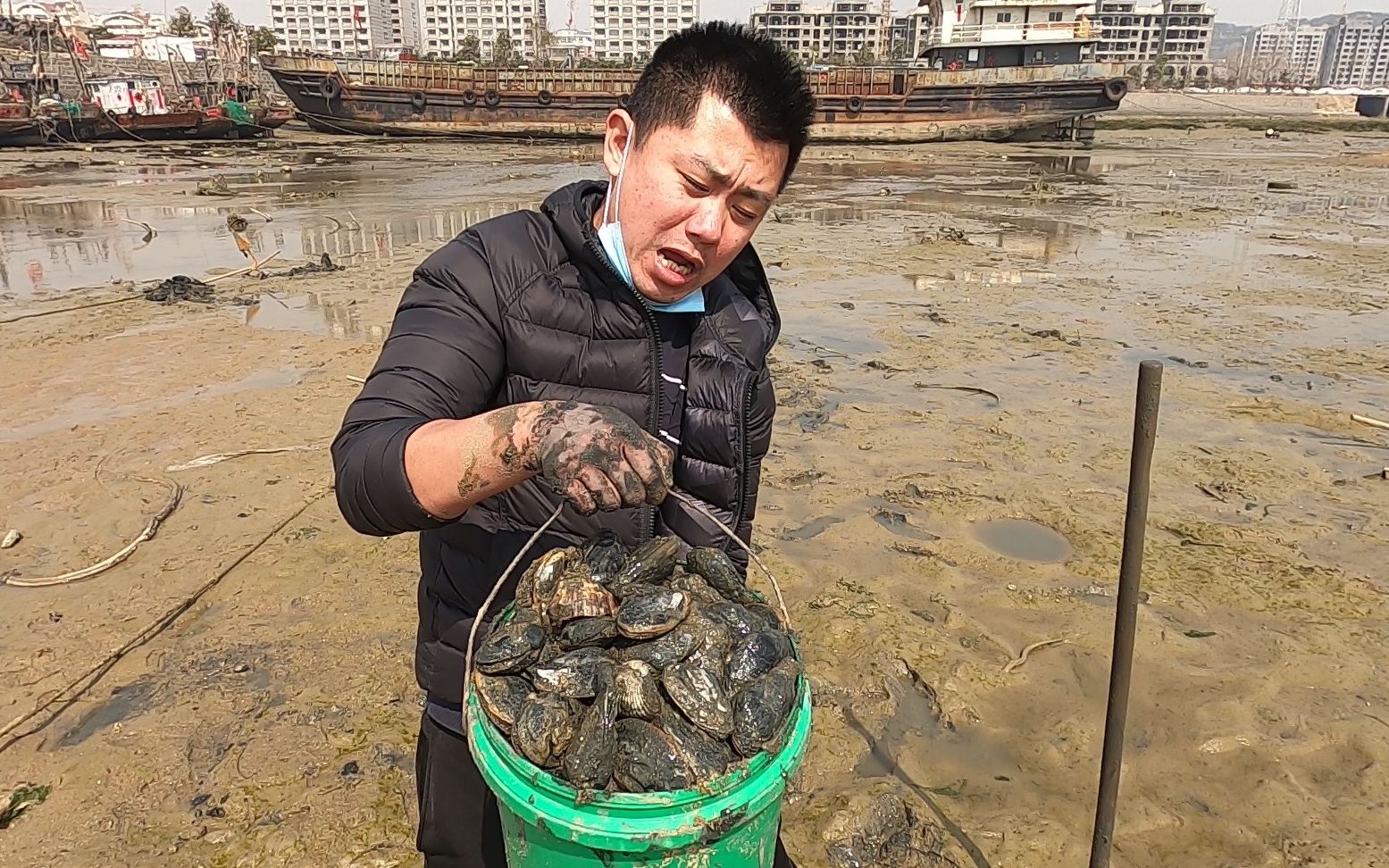 小斗趁没人去赶海一个多小时挖了好几十斤海蚌桶都装不上了