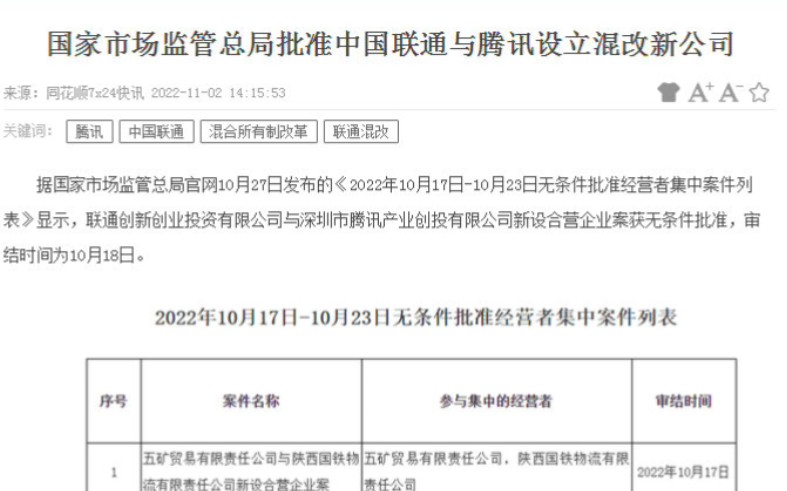 国家市场监管总局批准中国联通与腾讯设立混改新公司哔哩哔哩bilibili