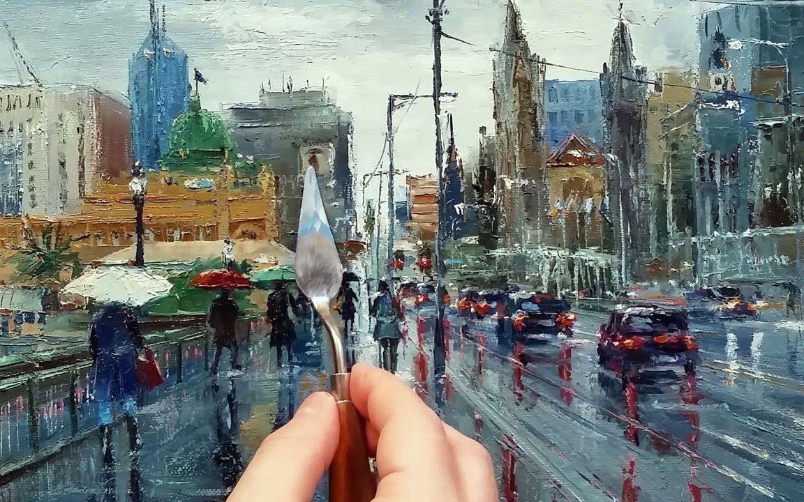 [图]【油画】Walking to Flinders Street Station--In the rain (雨中步行去弗林德斯大街车站)