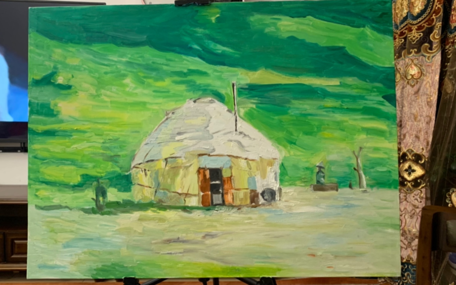 无奈的油画小白毡房下的忧郁大叔