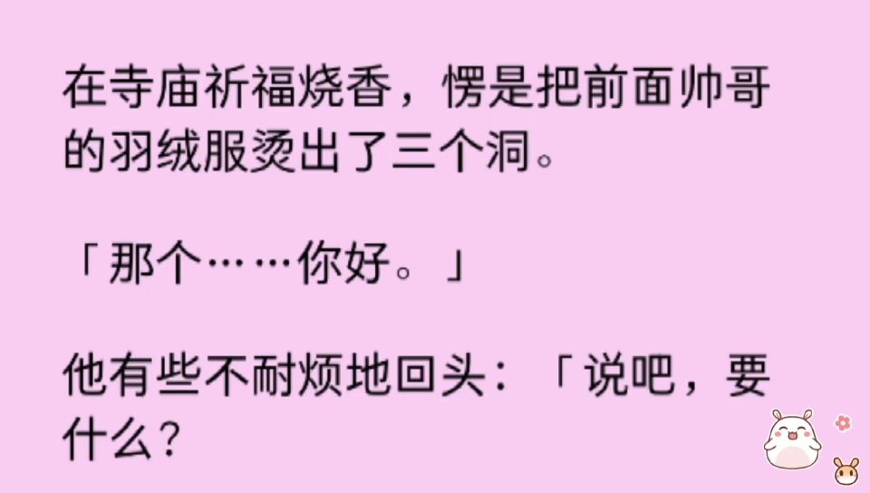 (甜文)在寺庙祈福烧香,愣是把前面帅哥的羽绒服烫了三个洞.他有些不耐烦地回头:「说吧,要什么?微信还是手机号?」我说:「支付宝吧,微信没钱...